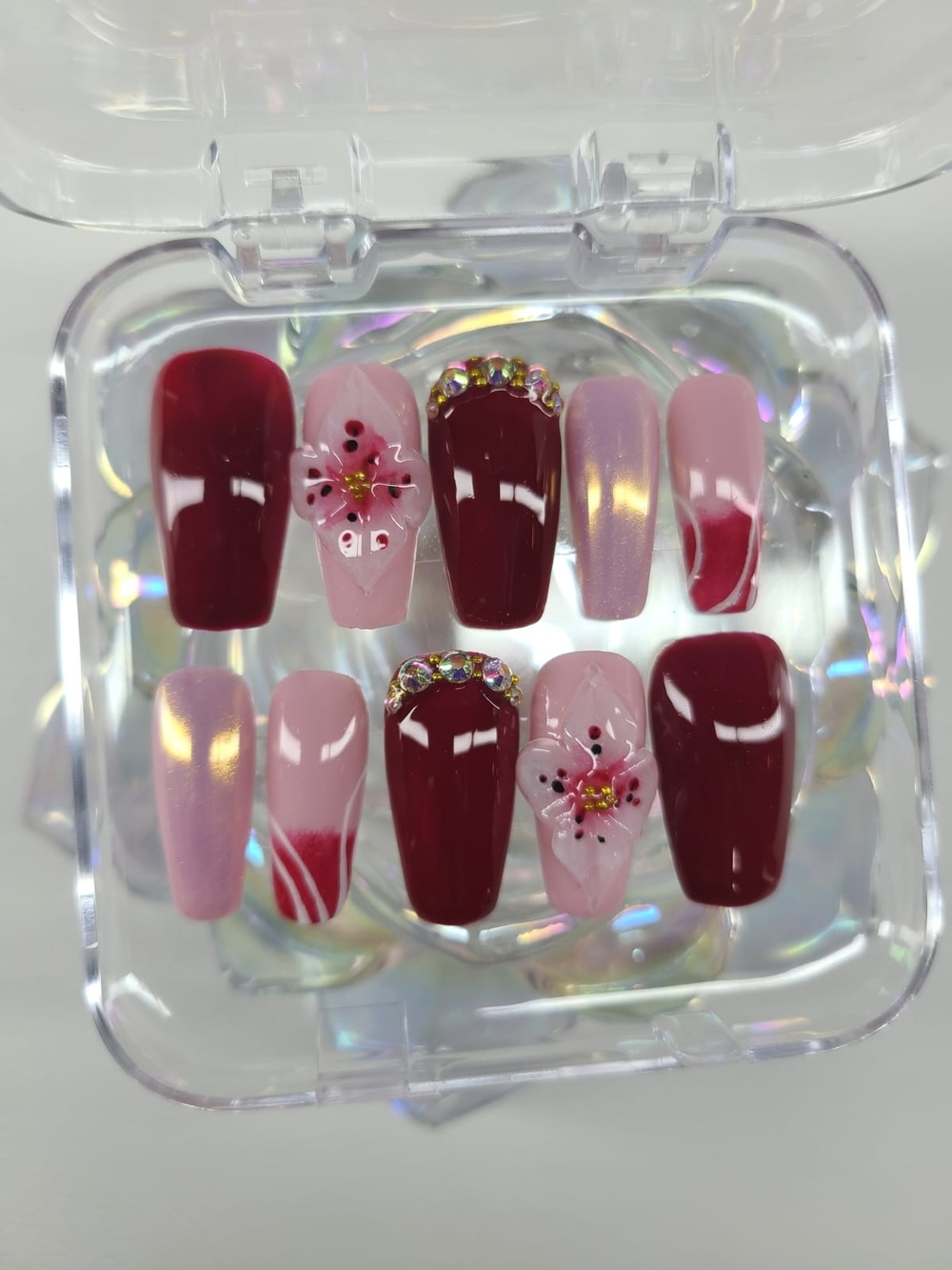 Size-Medium-Pink & Burgundy Floral Rhinestone Press-On Nails
